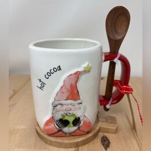Rae Dunn Christmas HOT COCOA Mug White with Red Handle Wooden Spoon & Coaster